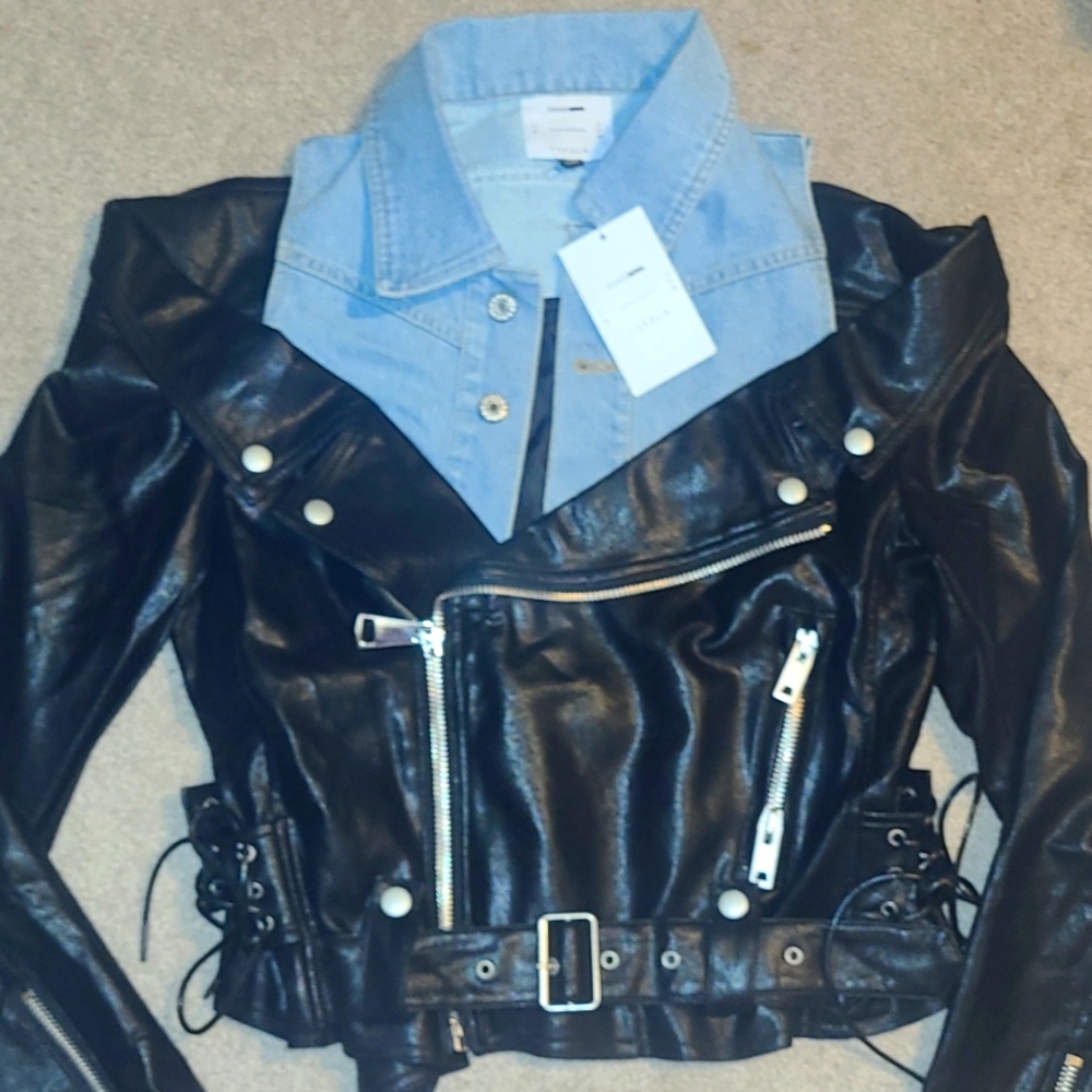 NWT Cardi B Fashion Nova off shoulders leather Jacket with attached denim vest!